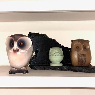 Lot 270 Owls Group Large Ceramic by Roselane Hallmark Candle Green Avon Votive