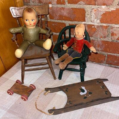 Lot 279 Antique Cloth Dolls & Vintage Wood Chairs + Sled and Wagon