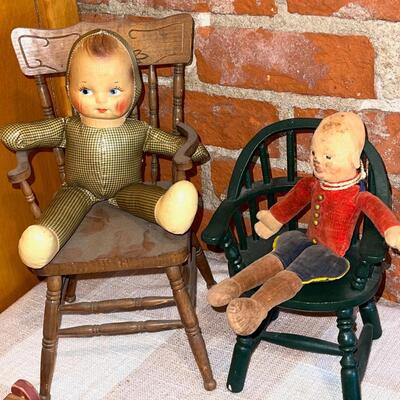 Lot 279 Antique Cloth Dolls & Vintage Wood Chairs + Sled and Wagon