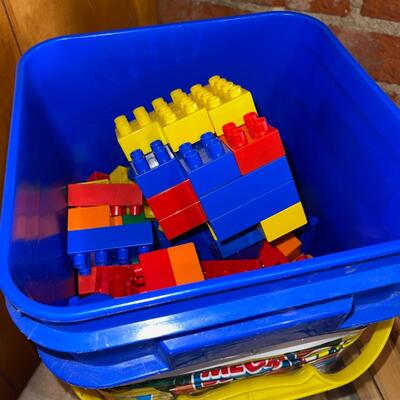 Lot 280 Toy Group B. Orel Wooden Cars Boats Track + Bucket Faux Lego Blocks