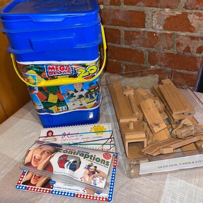 Lot 280 Toy Group B. Orel Wooden Cars Boats Track + Bucket Faux Lego Blocks