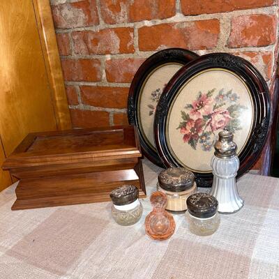 Lot 284 Colonial Decorator Items Wood Box Framed Needle Point Perfume Jars 5pcs