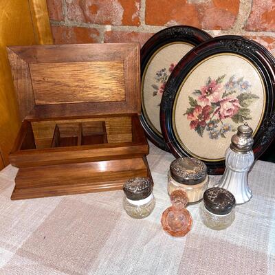 Lot 284 Colonial Decorator Items Wood Box Framed Needle Point Perfume Jars 5pcs