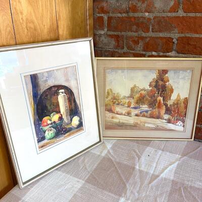 Lot 285 Pair Framed Water Color Paintings Still Life & Landscape