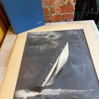Lot 288 Chalk Drawing Sailboat Matted + The Big Book of Sailing 1st Ed
