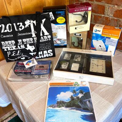Lot 289 Misc Group New & Box Bulova Clock Answer Machine Cloths Hooks Space Bags + More