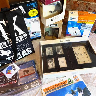Lot 289 Misc Group New & Box Bulova Clock Answer Machine Cloths Hooks Space Bags + More