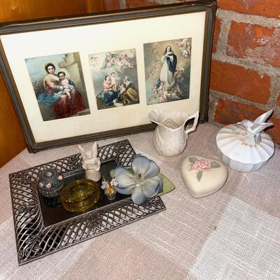 Lot 290 Home Decor Framed Religious Pictures Belleek Pitcher Angle Heart Box Etc