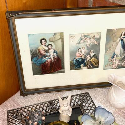 Lot 290 Home Decor Framed Religious Pictures Belleek Pitcher Angle Heart Box Etc