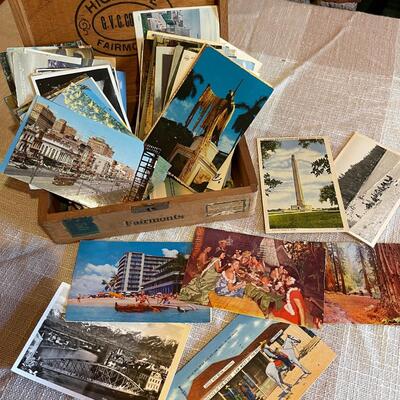 Lot 291 Collection Vintage Postcards In Wood Cigar Box