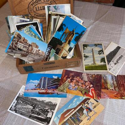 Lot 291 Collection Vintage Postcards In Wood Cigar Box