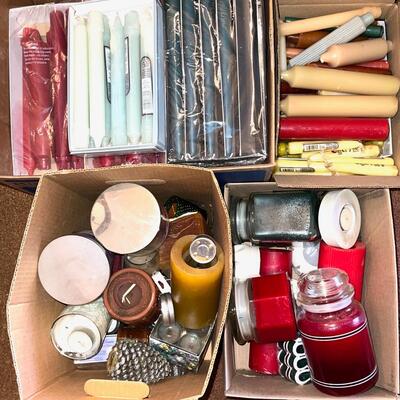 Lot 292 NEW Candle Collection Pillars Tapers In Glass & Tin Jars