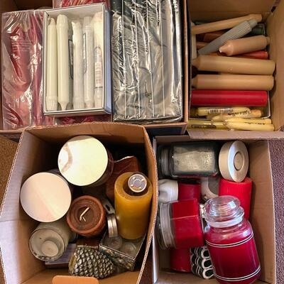 Lot 292 NEW Candle Collection Pillars Tapers In Glass & Tin Jars