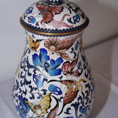 CHINESE CLOISONNE COVERED JAR DECORATED W/ BUTTERFLIES /MOTHS INTRICATE