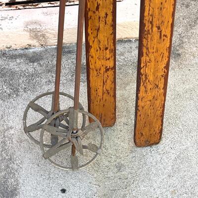 Lot 300 Antique Pair Wooden Down Hill Skis w/Boot Bindings & Poles Cabin Decor