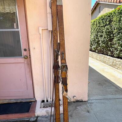 Lot 300 Antique Pair Wooden Down Hill Skis w/Boot Bindings & Poles Cabin Decor