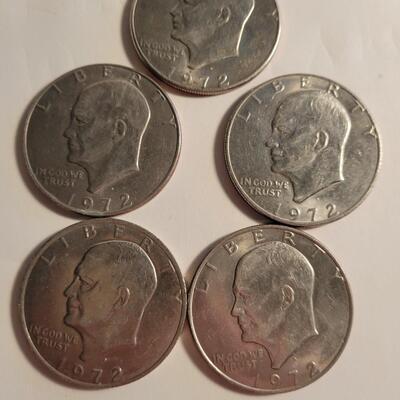 5 Eisenhower Dollar coins 1972