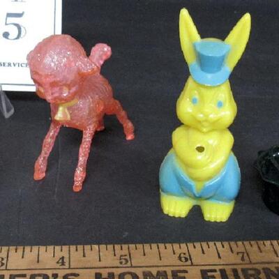 4 Vintage Easter Items, Candle, Hard Plastic Lamb, Rabbit Sucker Holder, Mini Hard Plastic Basket