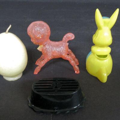 4 Vintage Easter Items, Candle, Hard Plastic Lamb, Rabbit Sucker Holder, Mini Hard Plastic Basket