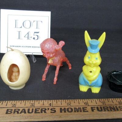 4 Vintage Easter Items, Candle, Hard Plastic Lamb, Rabbit Sucker Holder, Mini Hard Plastic Basket