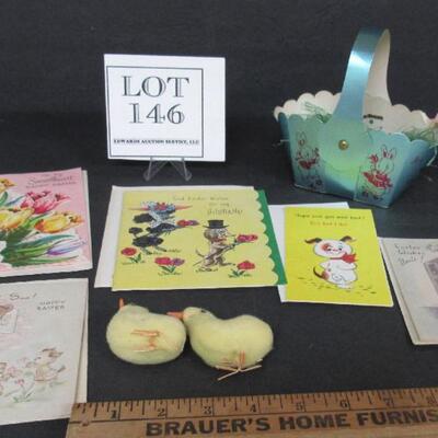 Lot of Vintage Easter Items, Unused Cards, Basket, Cotton Chicks