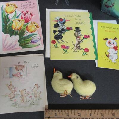 Lot of Vintage Easter Items, Unused Cards, Basket, Cotton Chicks