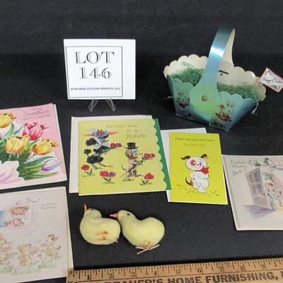 Lot of Vintage Easter Items, Unused Cards, Basket, Cotton Chicks