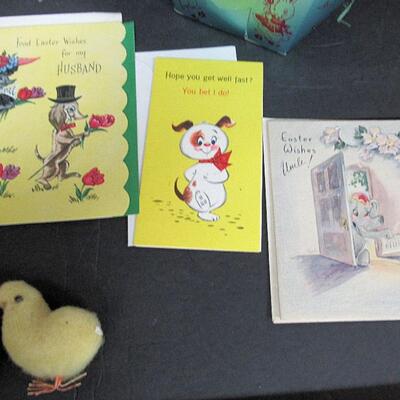 Lot of Vintage Easter Items, Unused Cards, Basket, Cotton Chicks
