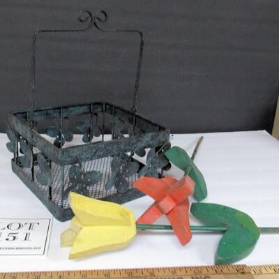 Metal Garden Basket Planter and 2 Wood Garden Stake Tulips