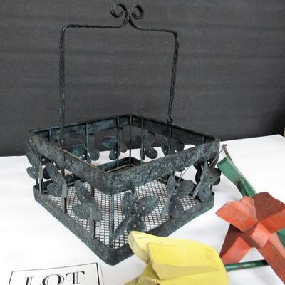 Metal Garden Basket Planter and 2 Wood Garden Stake Tulips
