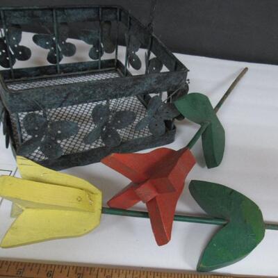 Metal Garden Basket Planter and 2 Wood Garden Stake Tulips