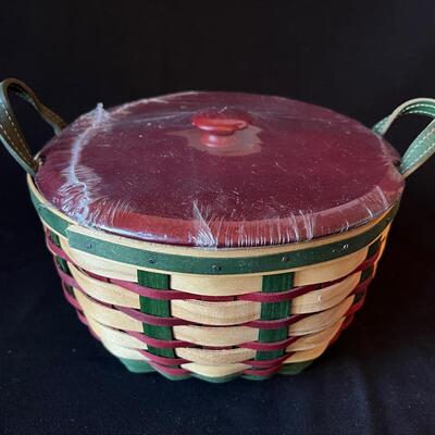 Fine Longaberger Basket w Red Lid Covered Bowl Insert Leather Handles