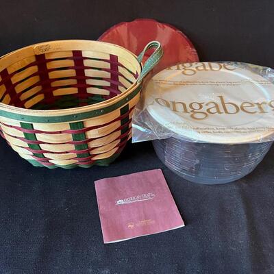 Fine Longaberger Basket w Red Lid Covered Bowl Insert Leather Handles