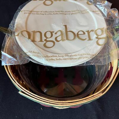 Fine Longaberger Basket w Red Lid Covered Bowl Insert Leather Handles