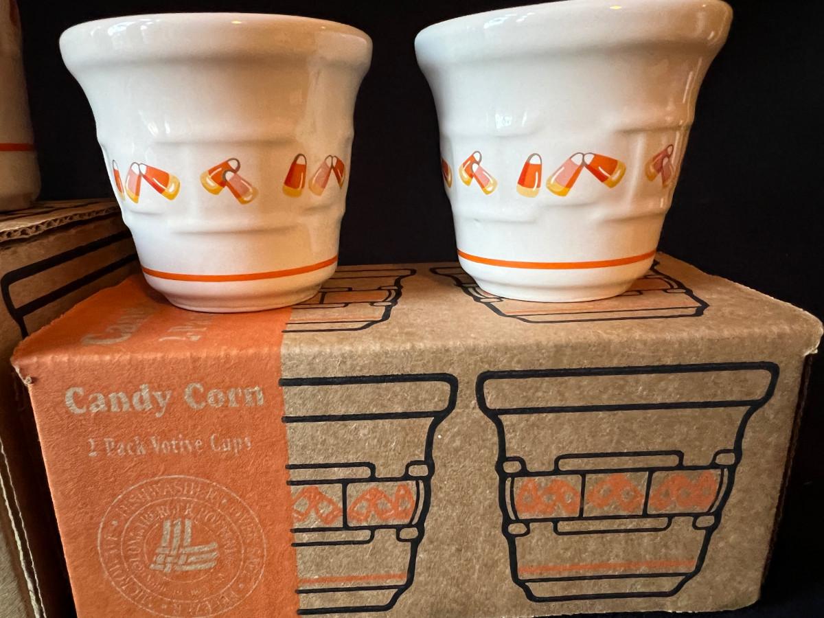 3 Longaberger Pottery Candy Corn Crock and Votives w/ Boxes