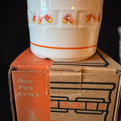3 Longaberger Pottery Candy Corn Crock and Votives w/ Boxes!