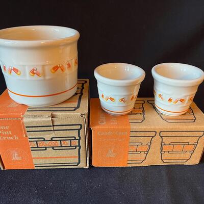 3 Longaberger Pottery Candy Corn Crock and Votives w/ Boxes!