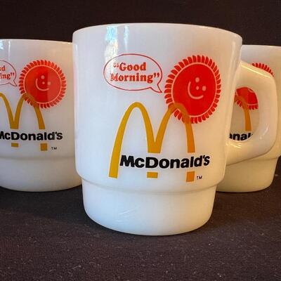 Set of 3 Vintage McDonald's White Glass Coffee Mugs original bags!