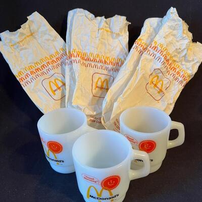 Set of 3 Vintage McDonald's White Glass Coffee Mugs original bags!