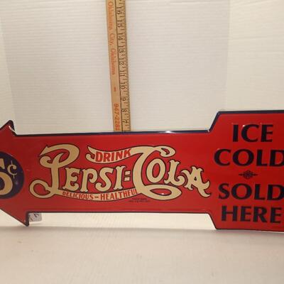 Pepsi-Cola Sign. Ice Cold Sold Here. Arrow. Embossed.
