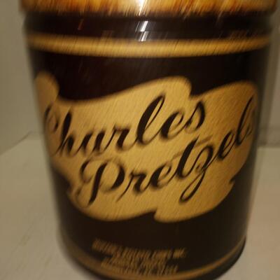 VINTAGE CHARLES PRETZELS TIN - MOUNTVILLE PA ADVERTISING - PRIMITIVE DECOR