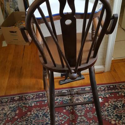 Antique High Chair with Blue Rimmed  Porcelain Tray