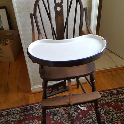 Antique High Chair with Blue Rimmed  Porcelain Tray