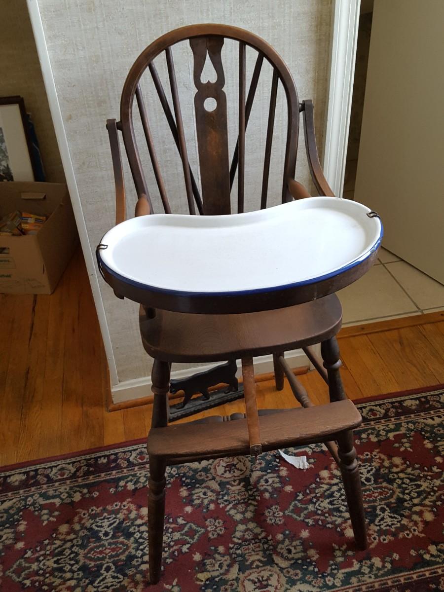 Antique High Chair with Blue Rimmed Porcelain Tray EstateSales