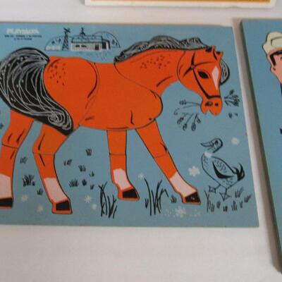 3 Vintage Play School Wood Tray Puzzles, Robin, Horse and Ice Cream Vendor