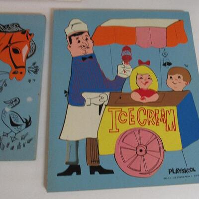 3 Vintage Play School Wood Tray Puzzles, Robin, Horse and Ice Cream Vendor