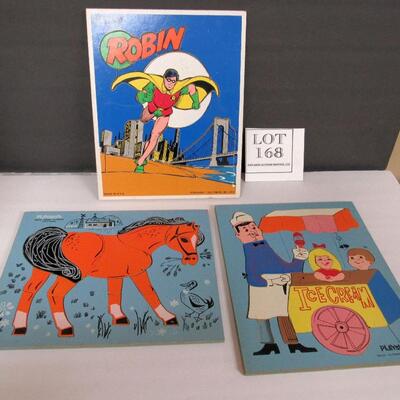 3 Vintage Play School Wood Tray Puzzles, Robin, Horse and Ice Cream Vendor