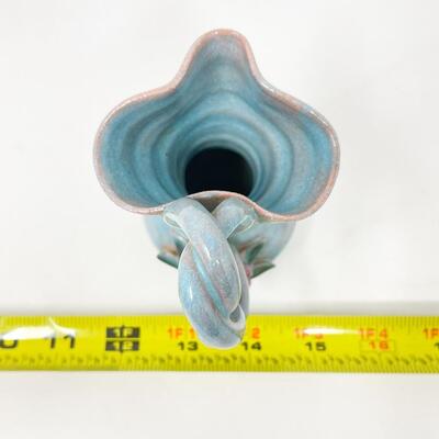 VINTAGE MARY SHORT MINI BLUE PITCHER VASE W/ FLOWERS - TOPEKA ARTIST