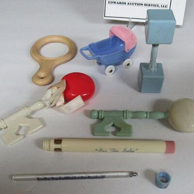 Lot of Vintage Baby Rattles, Teething Ring, Thermometer and Buggy Toy