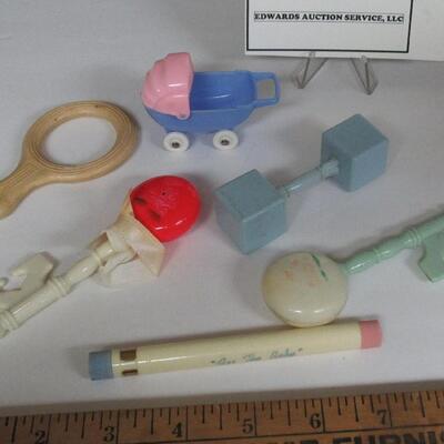 Lot of Vintage Baby Rattles, Teething Ring, Thermometer and Buggy Toy